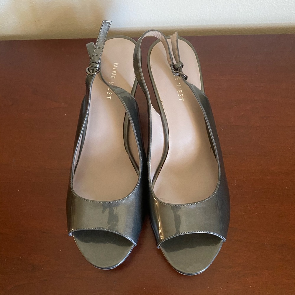 Gray patent peep toe heels